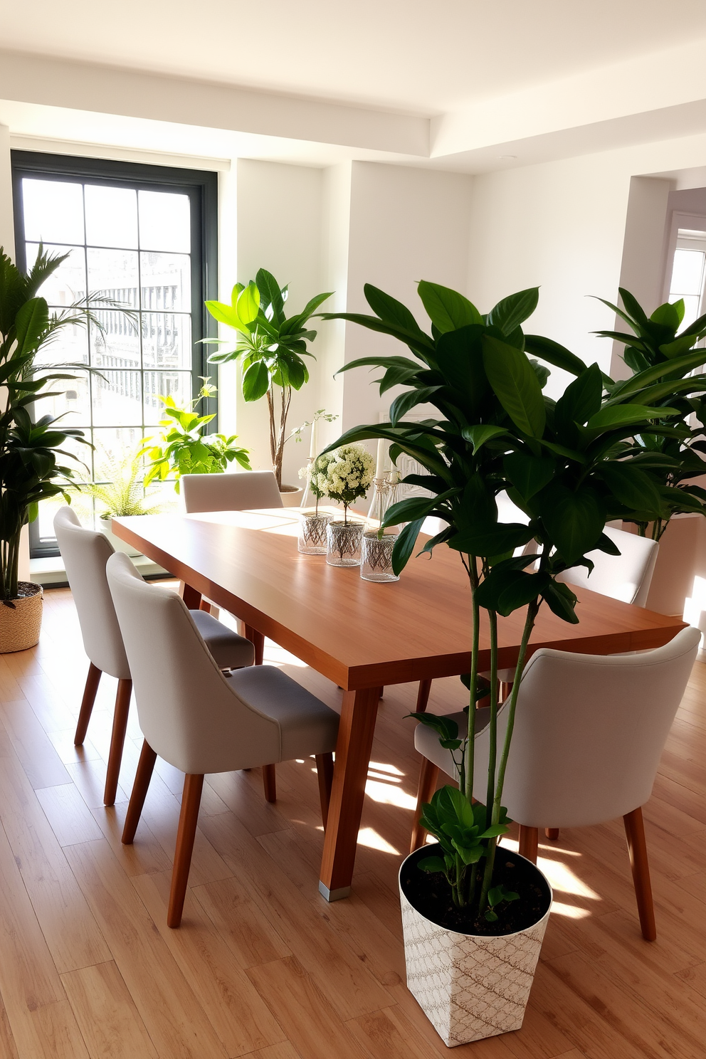 A modern dining room filled with natural light features a large wooden table surrounded by stylish upholstered chairs. Lush indoor plants in decorative pots are strategically placed around the room, adding a fresh touch to the contemporary decor.