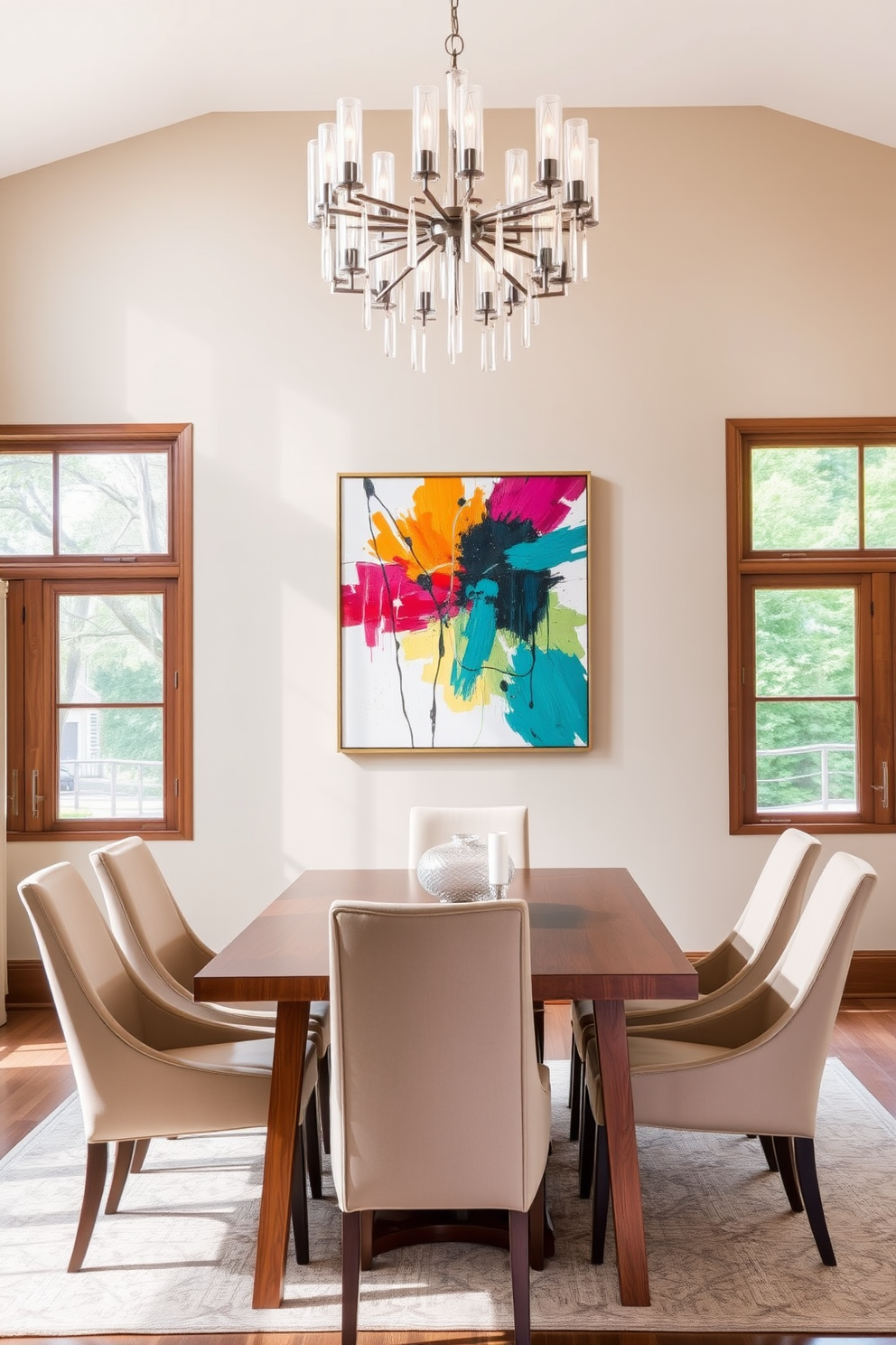 Artistic wall decor featuring an abstract painting in vibrant colors hangs prominently on the main wall. Below the artwork, a sleek wooden dining table is surrounded by elegant upholstered chairs in a neutral tone. The room is illuminated by a contemporary chandelier that adds a touch of sophistication. Large windows allow natural light to flood in, enhancing the warm ambiance of the space.