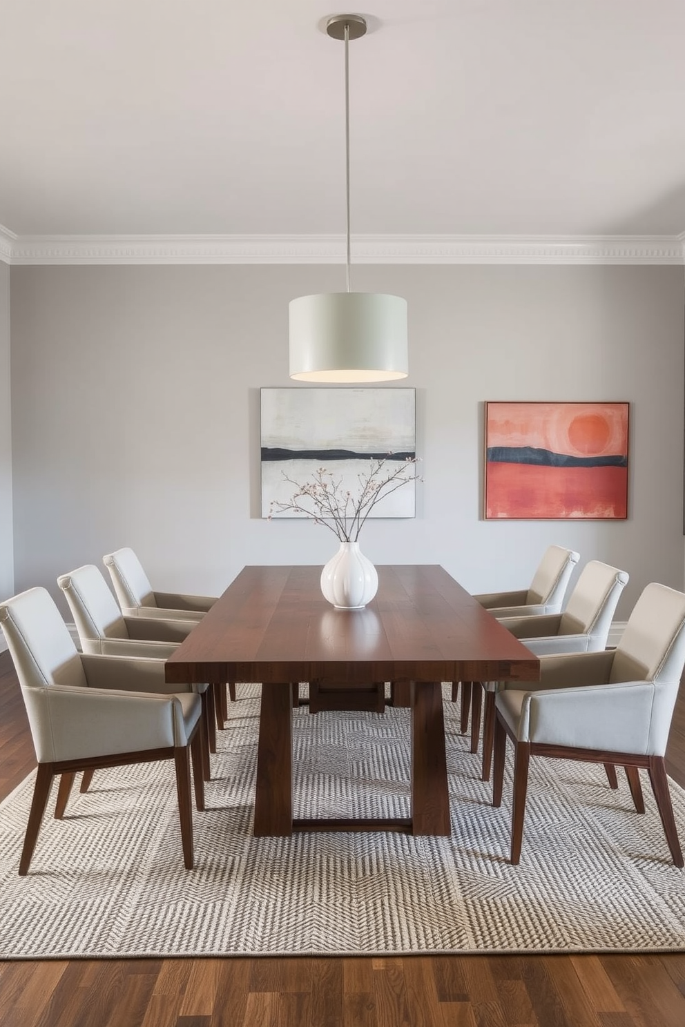 A modern dining room features a large wooden table surrounded by sleek upholstered chairs. Underneath the table, a textured rug in neutral tones adds warmth and defines the dining area. The walls are painted in a soft gray, complemented by contemporary artwork that adds a pop of color. A stylish pendant light hangs above the table, creating an inviting atmosphere for gatherings.