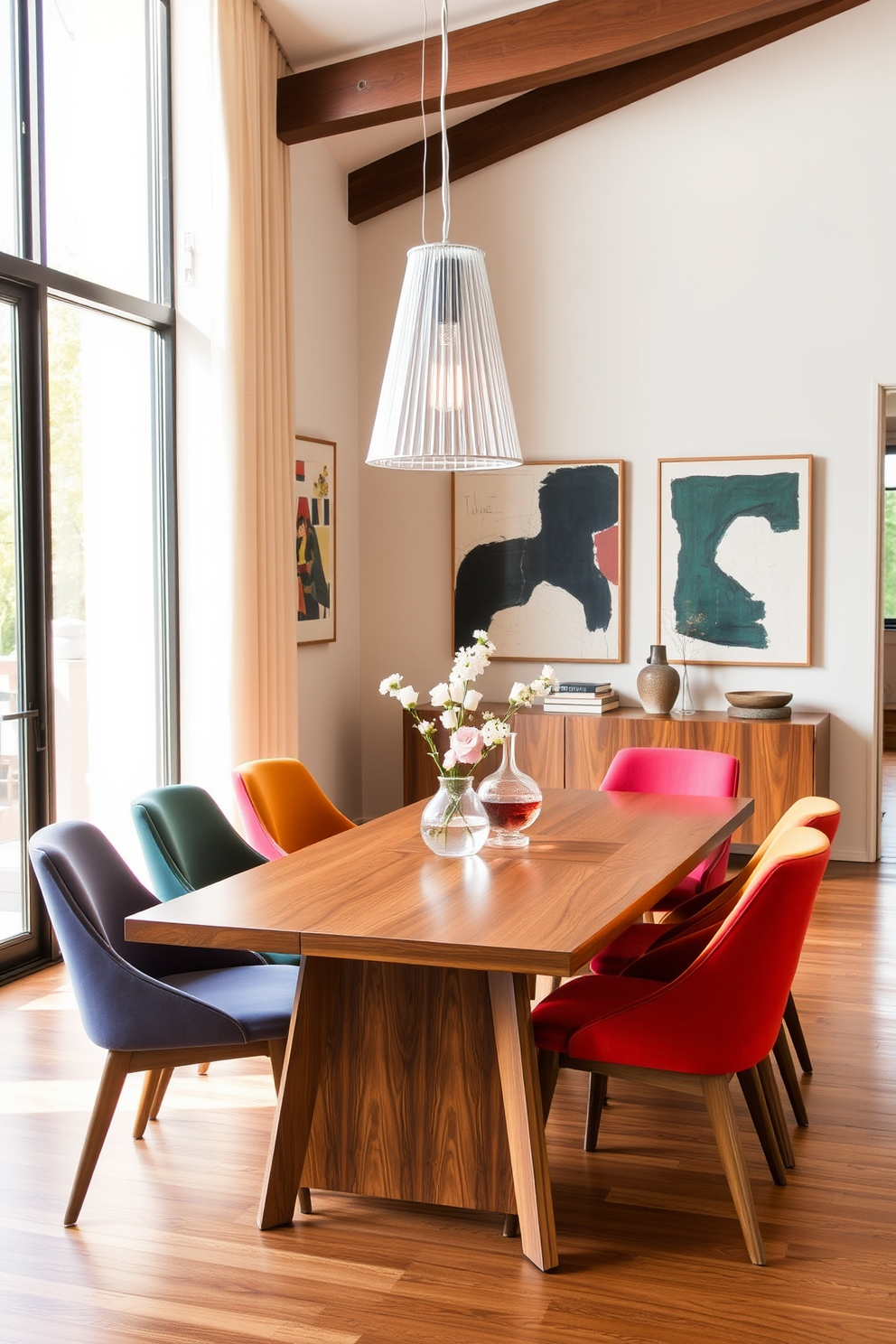 Mid-century modern furniture for timeless appeal. The dining room features a sleek wooden table accompanied by elegant upholstered chairs in vibrant colors. A statement pendant light hangs above the table, casting a warm glow over the space. The walls are adorned with abstract art, and a large window allows natural light to flood the room.