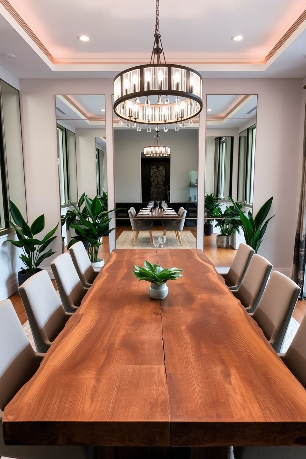 A modern dining room features a large rectangular table made of reclaimed wood surrounded by sleek upholstered chairs. The walls are adorned with strategically placed mirrors that reflect light and create an illusion of a more spacious area. A statement chandelier hangs above the table, providing both illumination and a touch of elegance. The color palette includes soft neutrals with pops of greenery from potted plants placed in the corners.
