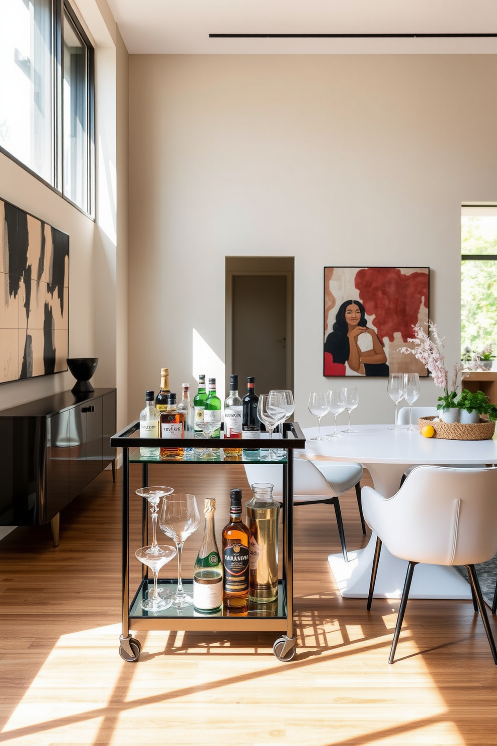A stylish bar cart serves as a focal point in a modern dining room, showcasing an array of premium spirits and elegant glassware. The dining table features sleek lines and a minimalist design, surrounded by contemporary chairs that complement the overall aesthetic. The walls are adorned with abstract art, adding a pop of color and personality to the space. Natural light floods in through large windows, enhancing the warm tones of the wooden flooring and creating an inviting atmosphere.