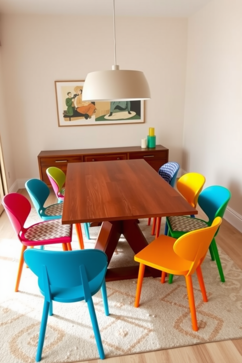Colorful dining chairs are arranged around a sleek wooden table, creating a vibrant focal point in the space. The walls are painted in a soft neutral tone, allowing the chairs to stand out with their bold hues and playful patterns. A large pendant light hangs above the table, casting a warm glow over the dining area. The floor is adorned with a stylish area rug that complements the colors of the chairs, adding texture and warmth to the modern dining room.