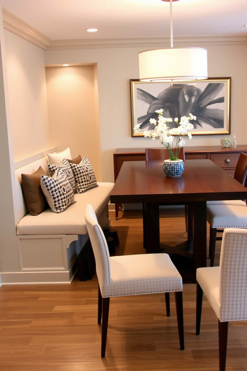 Custom built-in benches create a warm and inviting atmosphere in a modern dining room. The benches are upholstered in soft fabric with decorative throw pillows, surrounded by a sleek wooden dining table and stylish chairs.