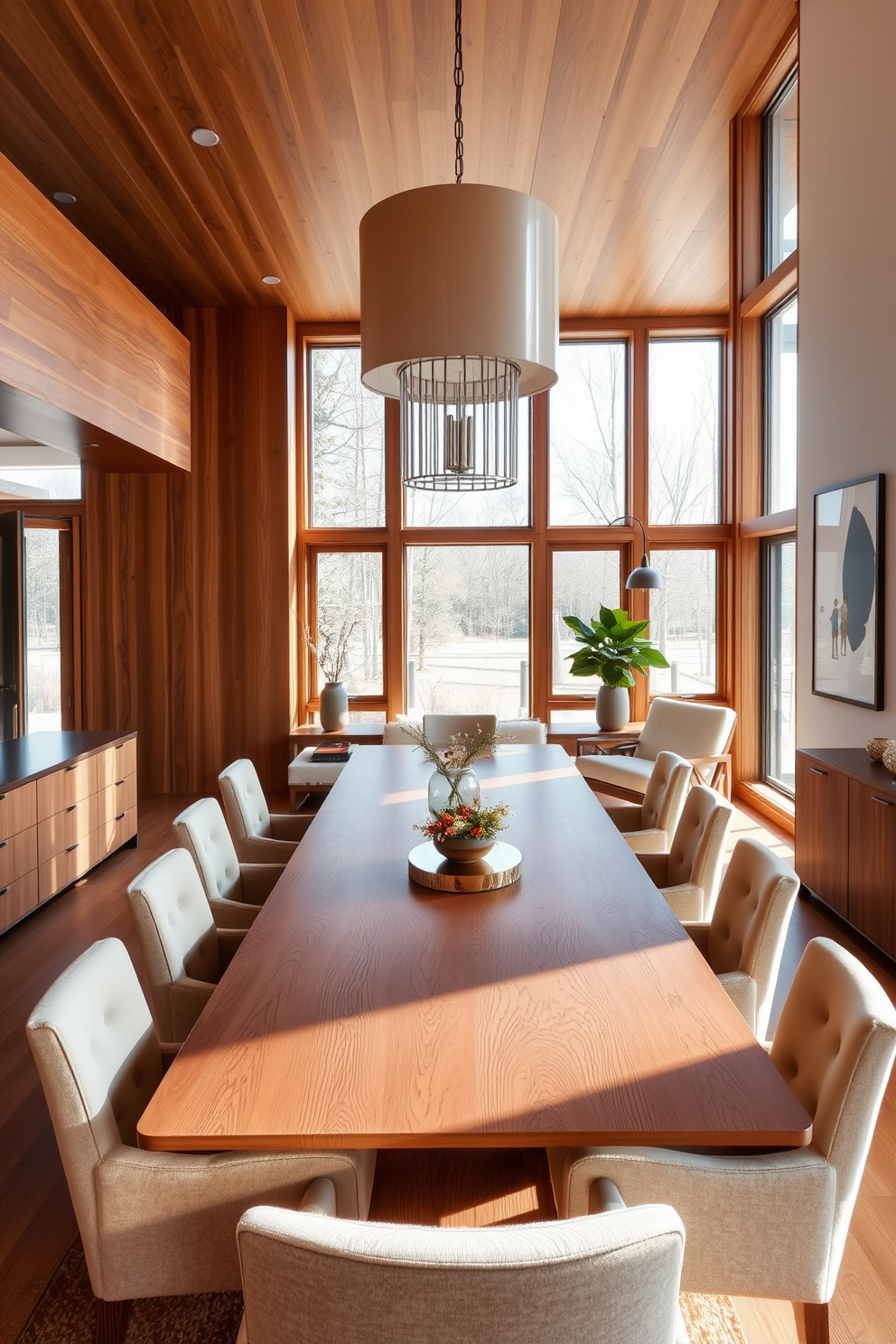 A modern dining room featuring warm wood tones and neutral accents. The centerpiece is a large wooden dining table surrounded by upholstered chairs in soft beige fabric. Natural light floods the space through large windows, highlighting the rich grain of the wood. A statement pendant light hangs above the table, adding a touch of elegance to the inviting atmosphere.