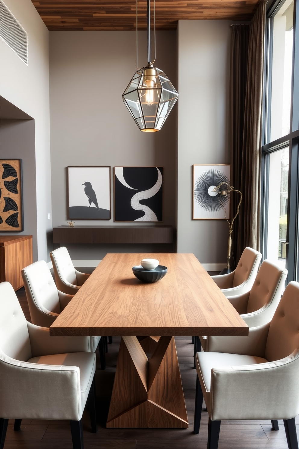 A modern dining room features a sleek wooden table surrounded by upholstered chairs in a neutral tone. Above the table, unique pendant lights with geometric designs create an eye-catching focal point. The walls are adorned with contemporary art pieces that complement the color palette. Large windows allow natural light to flood the space, enhancing the inviting atmosphere.