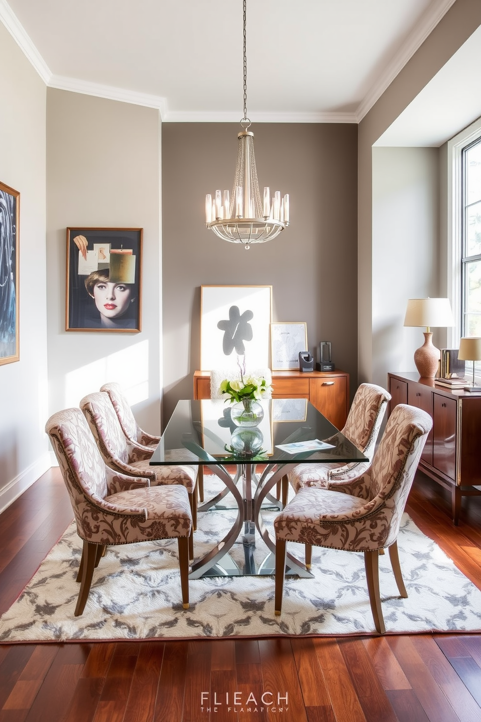 A modern dining room featuring a sleek glass table surrounded by vintage upholstered chairs with intricate patterns. The walls are adorned with contemporary art pieces, and a stylish chandelier hangs above, casting a warm glow over the space. In one corner, a retro sideboard displays curated decor items, while a large window lets in natural light, enhancing the room's inviting atmosphere. The flooring consists of rich hardwood, complemented by a plush area rug that ties the design together.