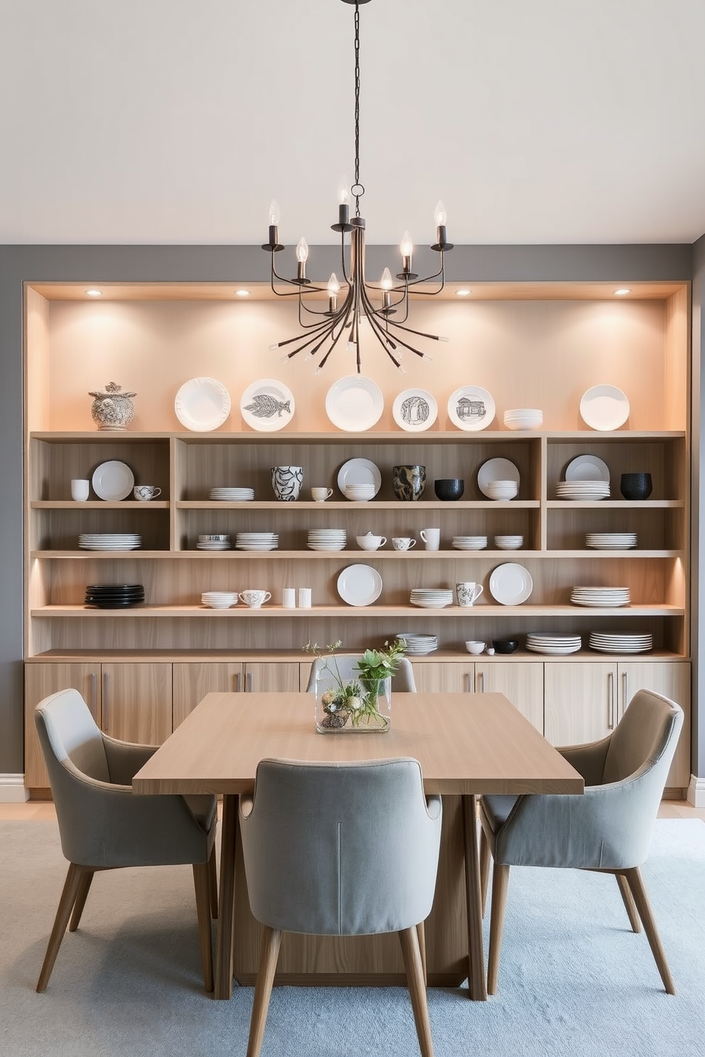 Open shelving elegantly showcases a curated collection of decorative dishes, creating a focal point in the modern dining room. The shelves are made of light wood, complementing the sleek, minimalist dining table set against a backdrop of soft gray walls. Stylish dining chairs with clean lines surround the table, upholstered in a muted fabric that adds warmth to the space. A contemporary chandelier hangs above, providing a warm glow that enhances the inviting atmosphere of the room.