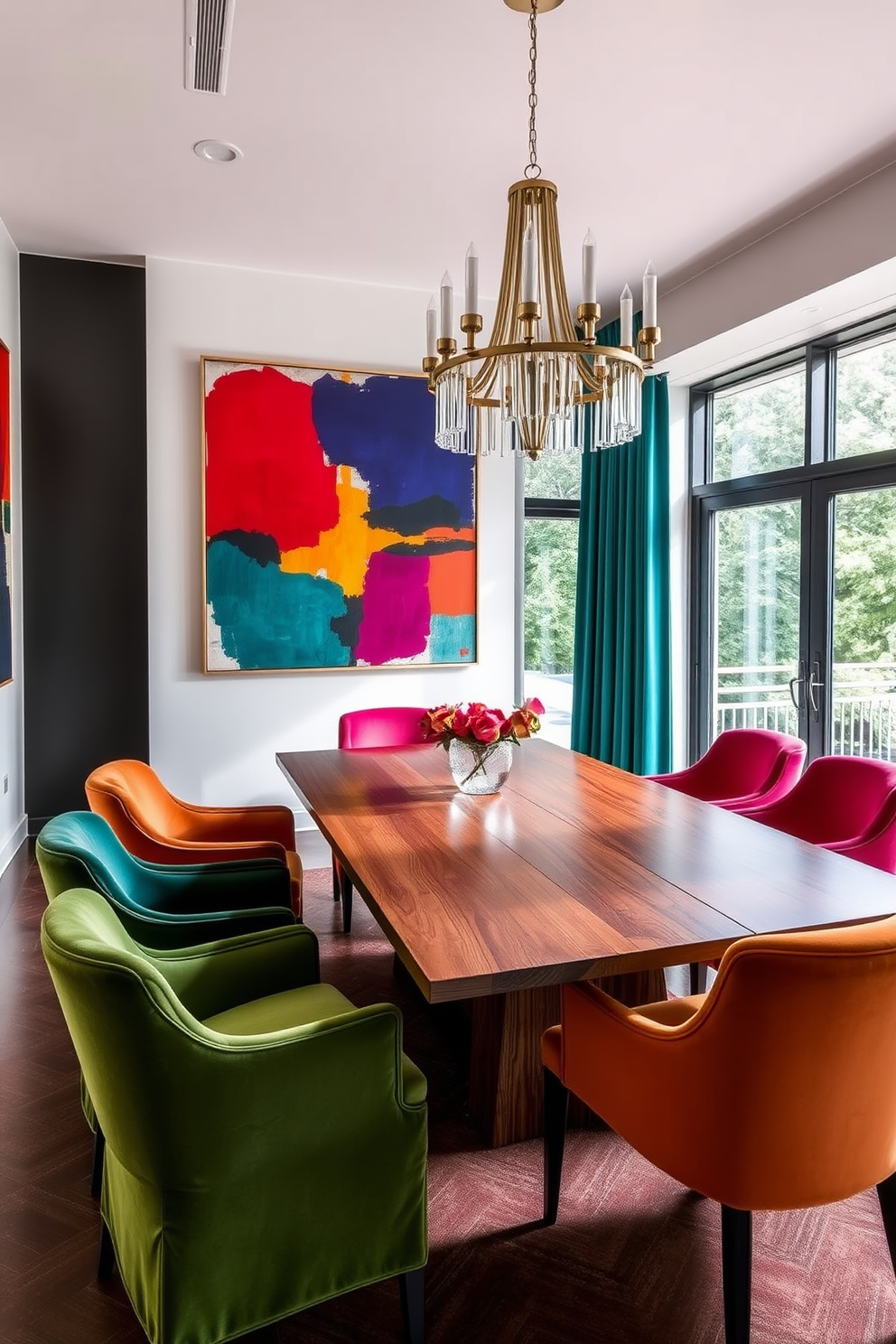 A modern dining room featuring a sleek wooden table surrounded by plush velvet chairs in rich jewel tones. The walls are adorned with bold abstract art pieces that create a striking focal point, inviting lively conversation among guests. Large windows allow natural light to flood the space, enhancing the vibrant colors and textures throughout. A statement chandelier hangs above the table, adding an element of sophistication and warmth to the atmosphere.