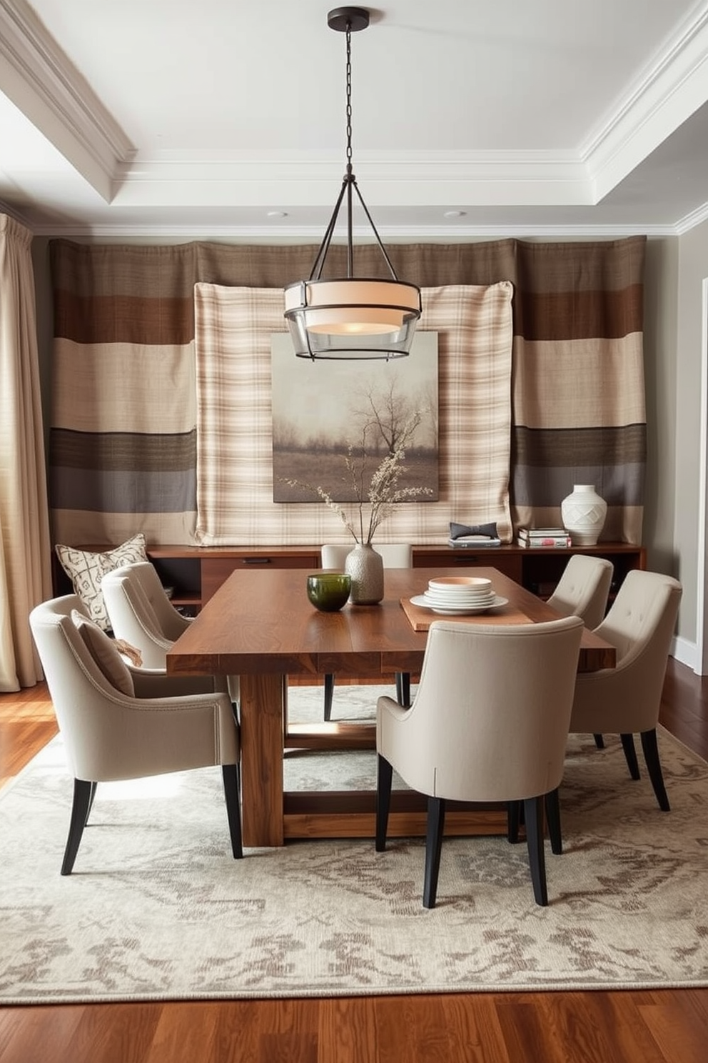 A modern dining room filled with layered textiles that create comfort and warmth. The dining table is made of reclaimed wood, surrounded by upholstered chairs in soft, neutral tones. A large area rug anchors the space, featuring a subtle pattern that complements the color palette. Overhead, a stylish pendant light casts a warm glow, enhancing the inviting atmosphere.