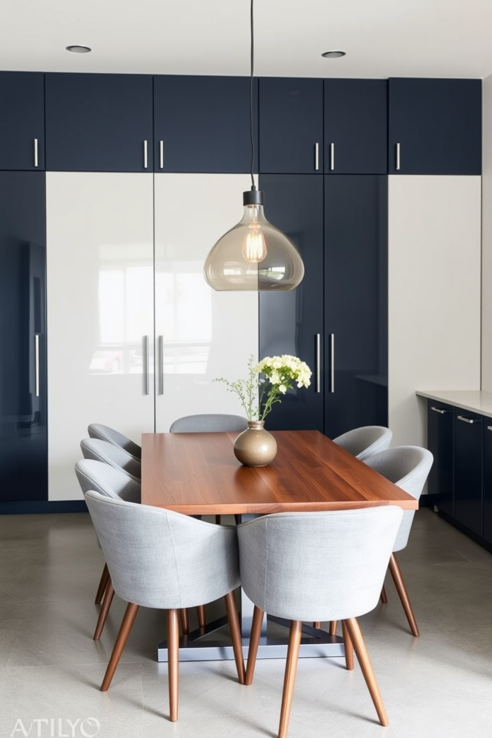 A modern dining room featuring two-tone cabinetry that combines deep navy blue and crisp white finishes. The cabinetry is sleek and minimalistic, providing ample storage while adding a contemporary flair to the space. A large wooden dining table sits at the center, surrounded by upholstered chairs in a soft grey fabric. A striking pendant light hangs above the table, casting a warm glow and enhancing the inviting atmosphere of the room.