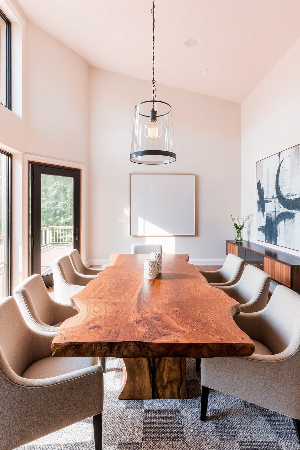 A modern dining room featuring natural wood table with a live edge design surrounded by comfortable upholstered chairs. Large windows allow plenty of natural light to fill the space, highlighting the warm tones of the wooden elements. A statement pendant light hangs above the table, providing a focal point while adding warmth to the ambiance. The walls are adorned with soft neutral colors, and a large piece of abstract art adds a touch of sophistication to the room.