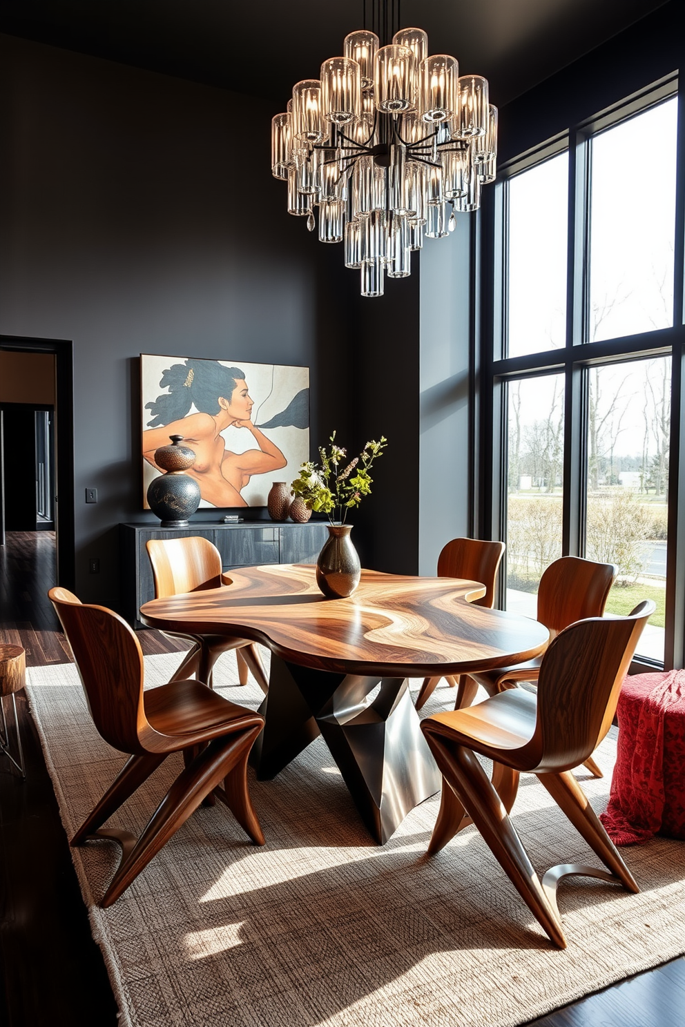 Sculptural furniture pieces serve as striking focal points in a modern dining room. The dining table is a unique, asymmetrical design made from a mix of wood and metal, surrounded by artistically shaped chairs that complement the table's aesthetic. Large windows flood the space with natural light, highlighting the textures and colors of the furniture. A statement chandelier hangs above the table, adding an element of drama to the room's overall ambiance.