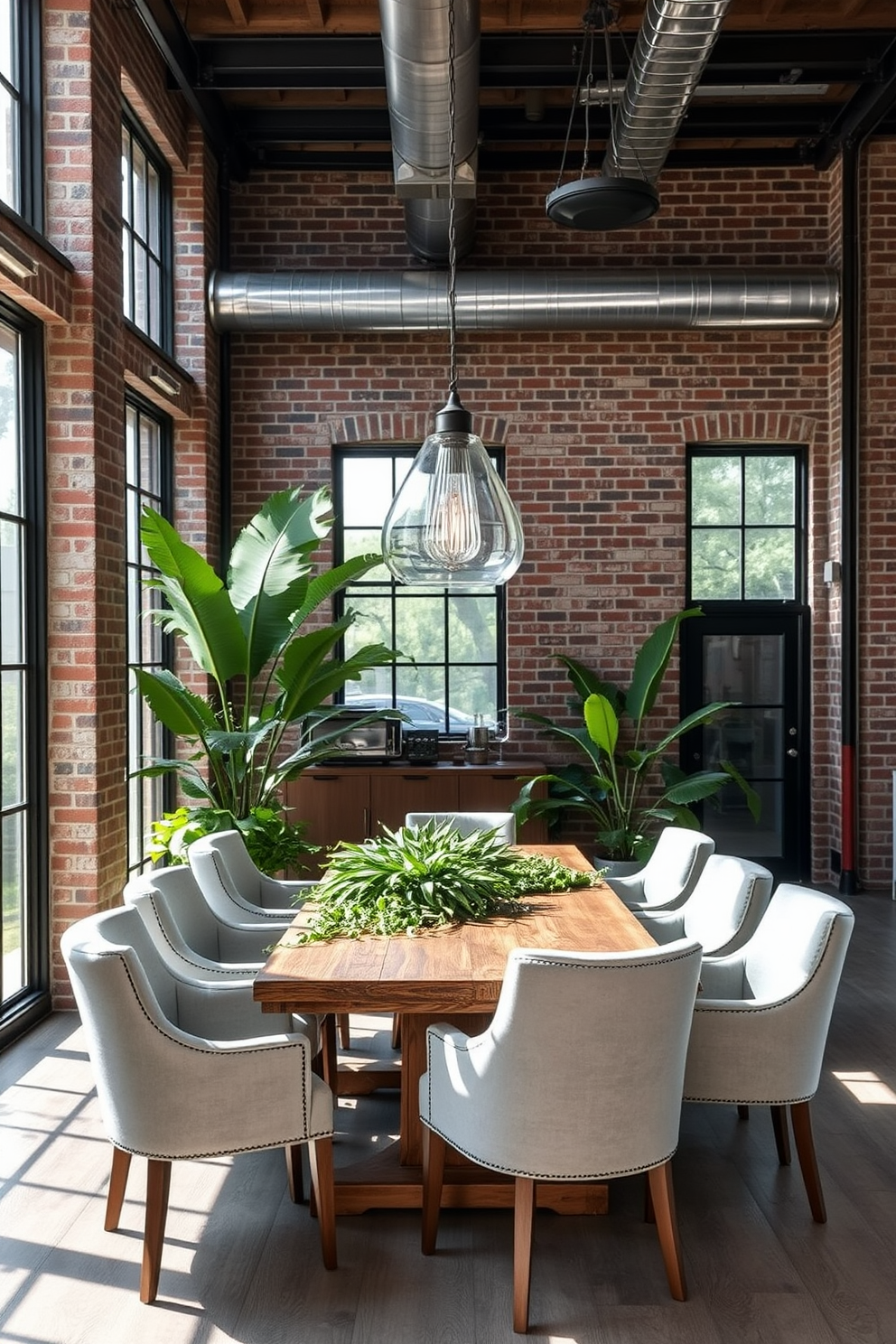 A modern dining room featuring industrial elements such as exposed brick walls and metal light fixtures. The space is softened with plush upholstered chairs and a large wooden dining table surrounded by greenery. Natural light floods the room through large windows, highlighting the contrast between the raw materials and the cozy textiles. A statement pendant light hangs above the table, adding a touch of elegance to the industrial aesthetic.