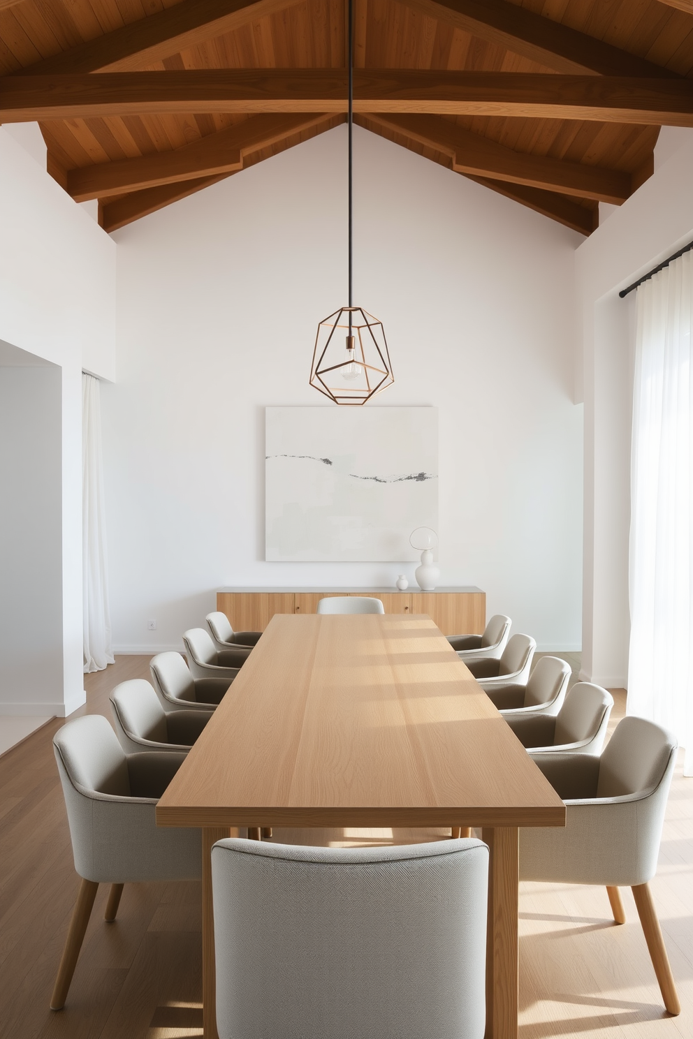 A minimalist dining room features a long rectangular table made of light wood surrounded by simple, upholstered chairs in a neutral tone. The walls are painted white, and a large abstract painting in soft colors hangs above the table, enhancing the room's airy feel. Natural light floods the space through large windows dressed with sheer curtains. A simple pendant light with a geometric design hangs above the table, providing a focal point without overwhelming the serene atmosphere.