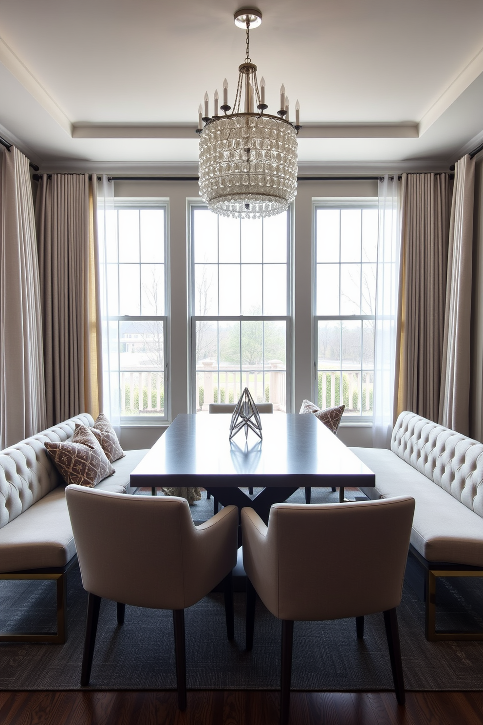 Flexible seating options for gatherings. A stylish dining table is surrounded by a mix of upholstered chairs and sleek benches, creating an inviting atmosphere for family and friends. The room features large windows that allow natural light to pour in, complemented by soft, neutral-toned curtains. A statement chandelier hangs above the table, adding a touch of elegance to the modern design.
