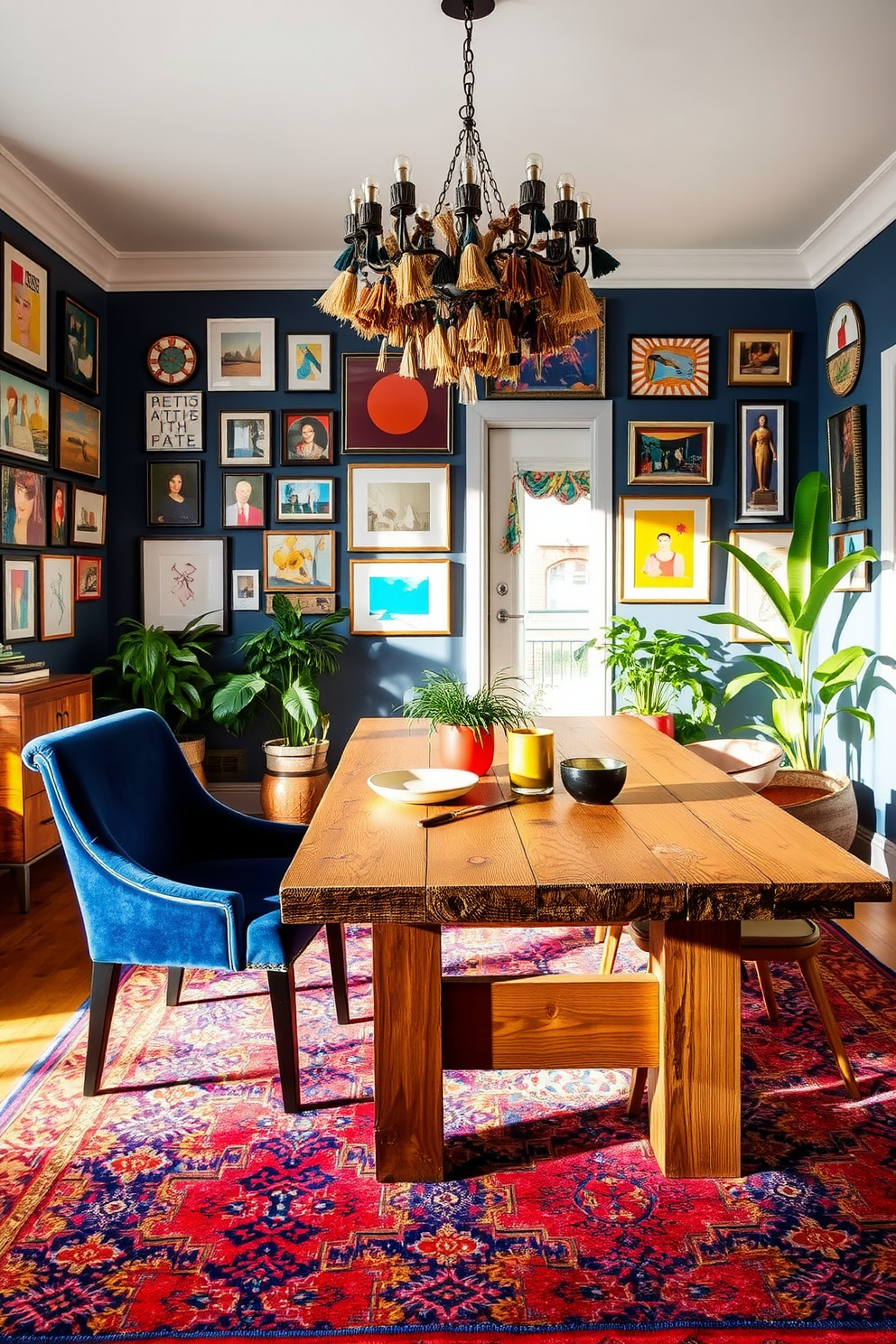 An eclectic dining room features a bold mix of textures including a velvet upholstered dining chair in deep blue and a reclaimed wood dining table with a rustic finish. The walls are adorned with a gallery of colorful artwork, while a vibrant patterned rug anchors the space, adding warmth and character. A striking chandelier made of various materials hangs above the table, casting a warm glow over the setting. Potted plants in varied sizes and textures are placed around the room, introducing a refreshing touch of greenery.