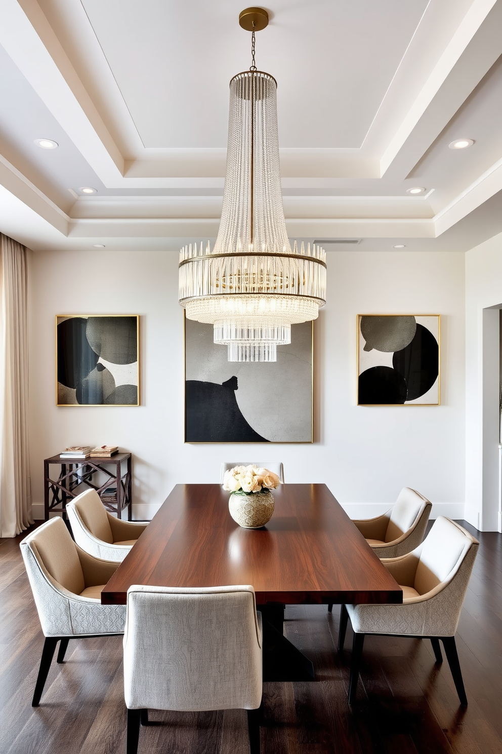 A modern dining room featuring a large statement chandelier hanging gracefully above a sleek wooden dining table. The table is surrounded by elegant upholstered chairs, and the walls are adorned with contemporary art pieces in a neutral color palette.