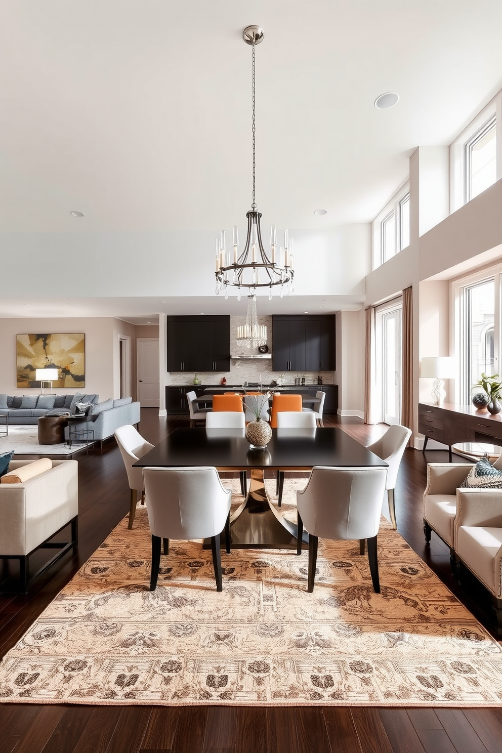 Open concept living area featuring a seamless flow between the living room and dining space. The dining area showcases a sleek rectangular table surrounded by elegant upholstered chairs, with a statement chandelier hanging above. The walls are adorned with soft neutral tones, creating a warm and inviting atmosphere. Large windows allow natural light to flood the space, highlighting the rich textures of the area rug beneath the table.