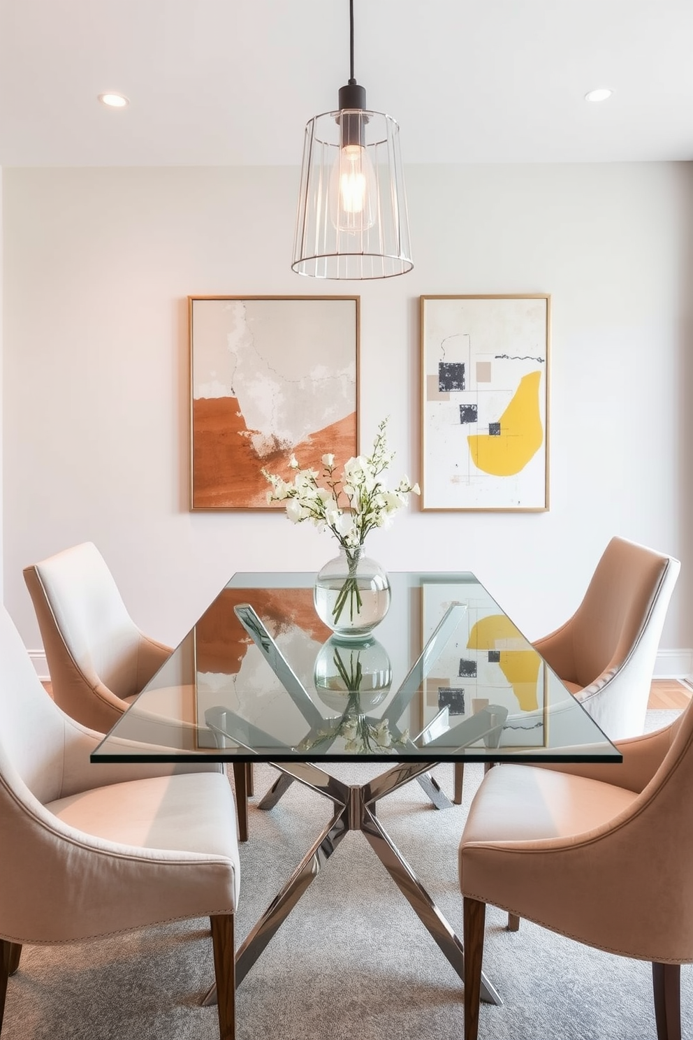 A sleek glass dining table with elegant metal legs sits at the center of a contemporary dining room. Surrounding the table are plush upholstered chairs in a neutral tone, enhancing the modern aesthetic of the space. The walls are adorned with abstract art pieces that add a pop of color and sophistication. A stylish pendant light hangs above the table, casting a warm glow over the dining area.