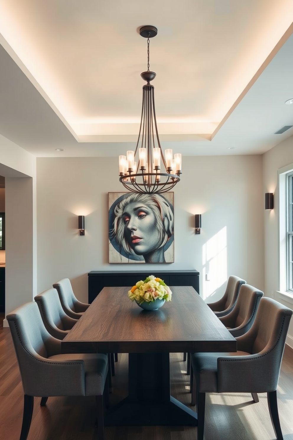 A modern dining room featuring layered lighting that creates a warm and inviting atmosphere. The space includes a sleek wooden dining table surrounded by comfortable upholstered chairs, illuminated by a stylish chandelier overhead. The walls are painted in a soft neutral tone, complemented by a statement artwork that adds character to the room. Natural light streams in through large windows, while strategically placed wall sconces enhance the overall ambiance during evening gatherings.