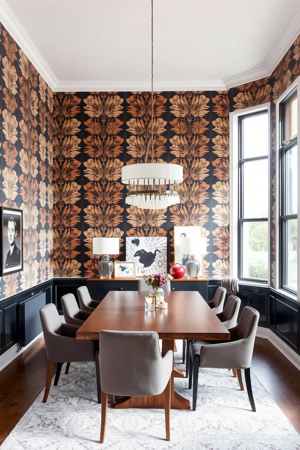 A modern dining room featuring bold wallpaper that serves as the focal point. The room is furnished with a sleek wooden dining table surrounded by upholstered chairs in a contrasting color. Large windows allow natural light to flood the space, highlighting the vibrant patterns of the wallpaper. A statement chandelier hangs above the table, adding an elegant touch to the overall design.