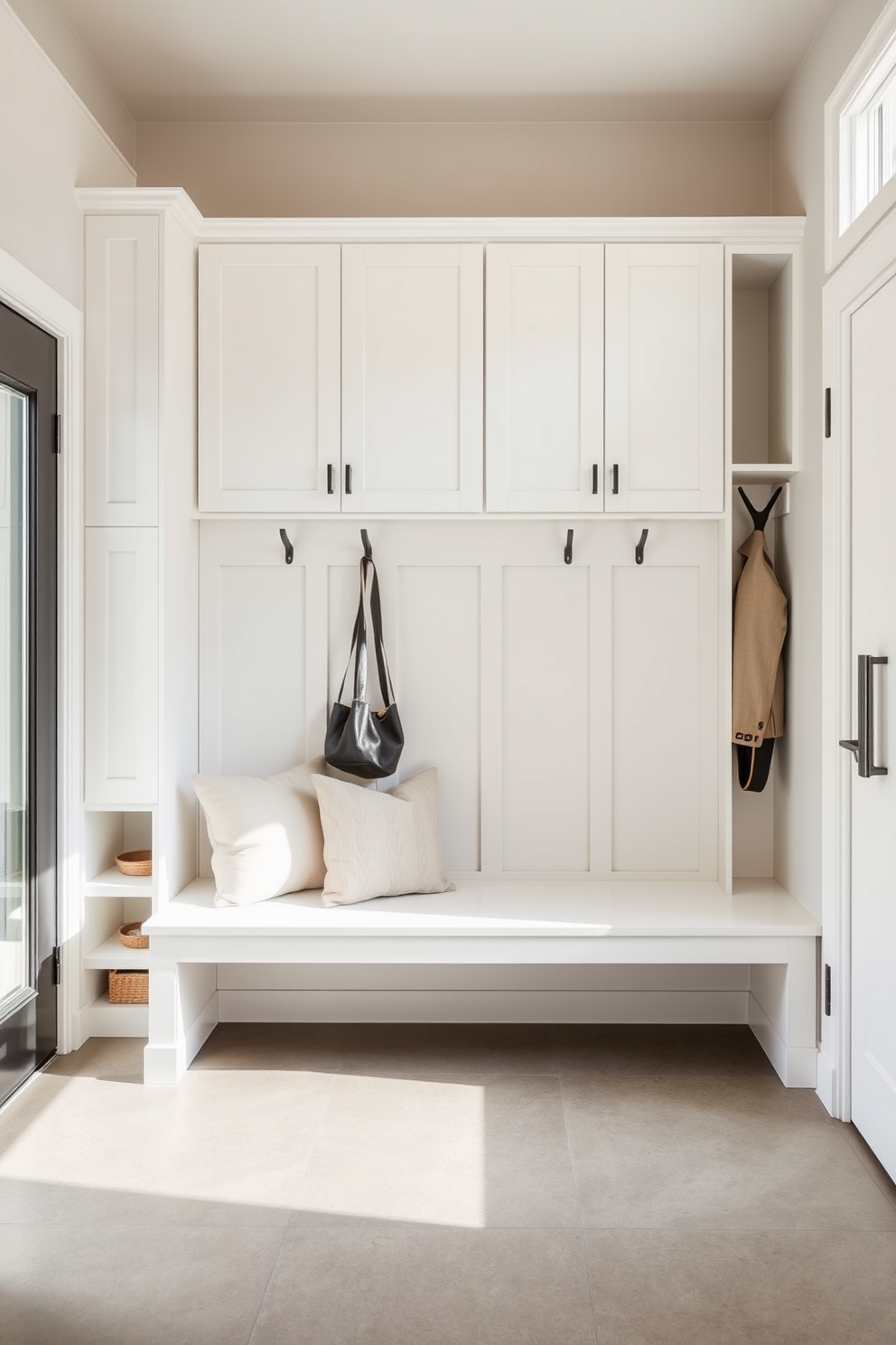 A minimalist built-in storage bench features clean lines and a sleek design, seamlessly integrated into a wall with soft white cabinetry. The bench is adorned with plush cushions in neutral tones, creating a cozy yet functional space for seating and storage. The modern mudroom design showcases a spacious area with durable flooring and ample natural light, accented by a combination of open shelving and closed cabinetry. A stylish coat rack and a bench provide practical solutions for organization while maintaining a contemporary aesthetic.