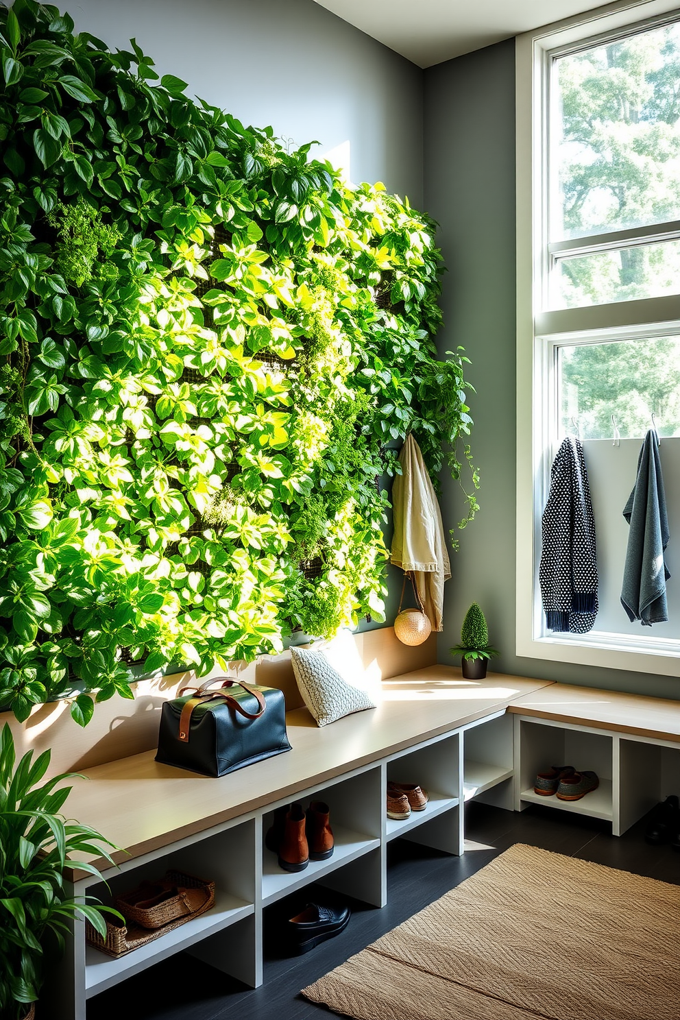 A vertical garden wall filled with lush greenery creates a refreshing focal point in a modern mudroom. The wall features a variety of plants in different shapes and sizes, providing a vibrant contrast to the sleek storage solutions and contemporary decor. The mudroom is designed with functional elements such as built-in benches and cubbies for shoes and coats. Natural light floods the space through a large window, enhancing the inviting atmosphere of this practical yet stylish area.
