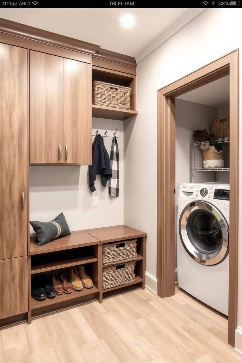 A modern mudroom featuring a combination of storage solutions and laundry facilities. The space includes built-in cabinetry with a sleek finish, a bench for seating, and a stylish washer and dryer tucked away behind doors. The walls are adorned with a light, neutral color, creating an airy feel. Accessories like hooks for coats and baskets for shoes add functionality while maintaining a cohesive design.