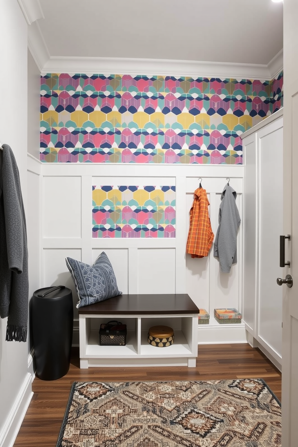 A striking accent wall featuring a bold geometric wallpaper design in vibrant colors. The wall serves as a focal point, contrasting with the neutral tones of the surrounding space. A modern mudroom designed with functional storage solutions and sleek cabinetry. The space includes a bench for seating, hooks for coats, and a stylish area rug to add warmth and texture.