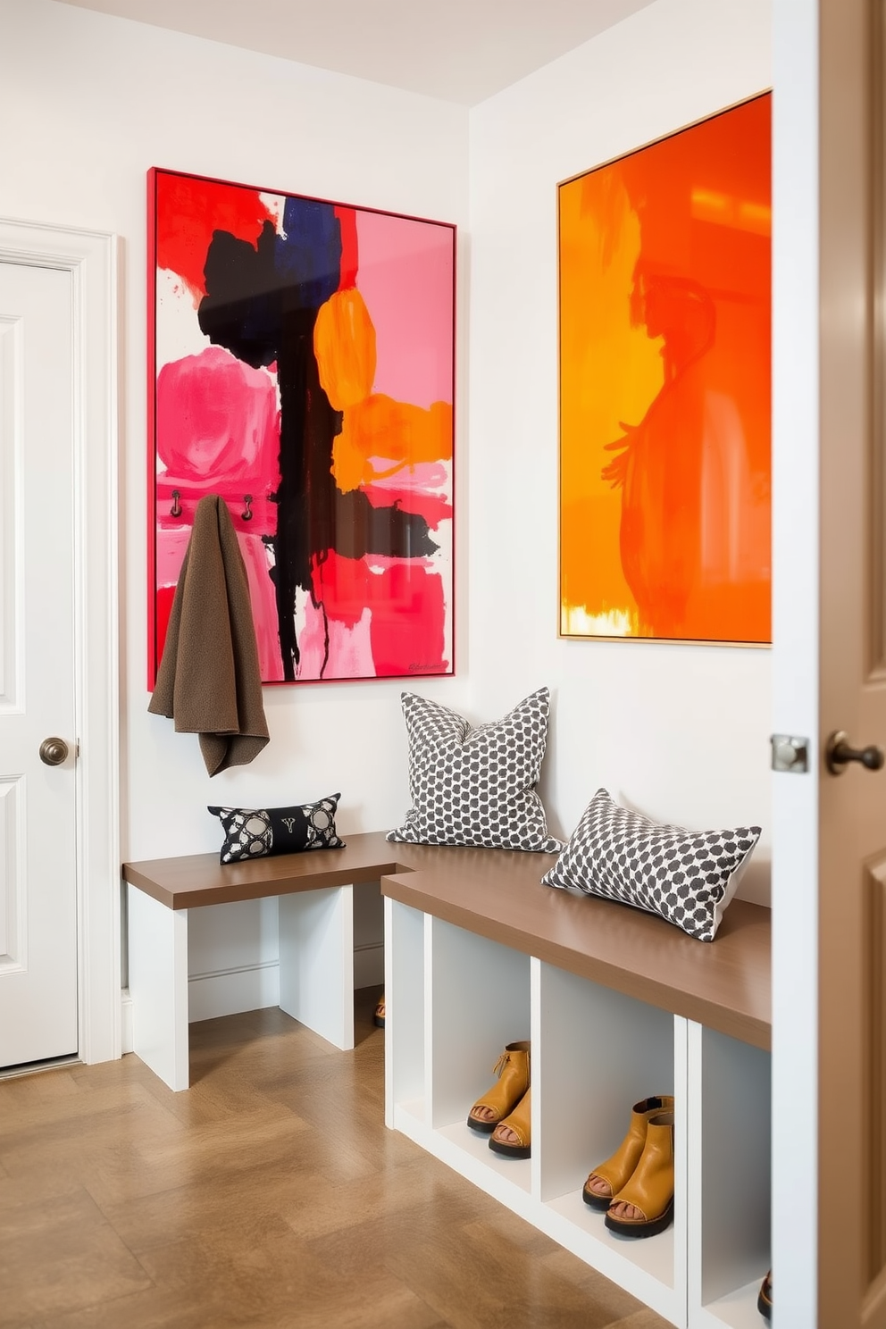 Bright artwork to personalize space. The walls are adorned with vibrant, abstract paintings that add a splash of color and personality to the room. Modern Mudroom Design Ideas. The space features sleek storage solutions with built-in benches and cubbies, complemented by a stylish coat rack and durable flooring.