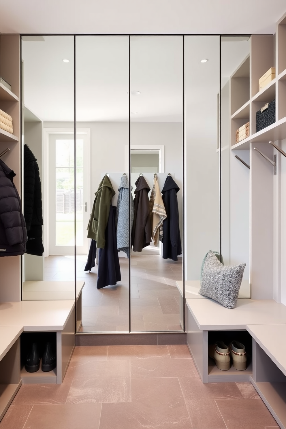 A modern mudroom featuring a large mirror that enhances the sense of depth and reflects natural light. The space includes built-in storage benches, hooks for coats, and a stylish tile floor that complements the overall design.