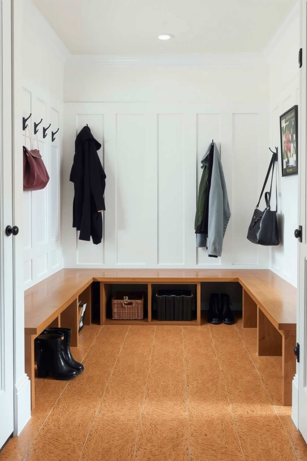 A modern mudroom featuring cork flooring that combines durability with style. The space includes built-in benches with storage underneath and hooks for coats, all set against a backdrop of light-colored walls.