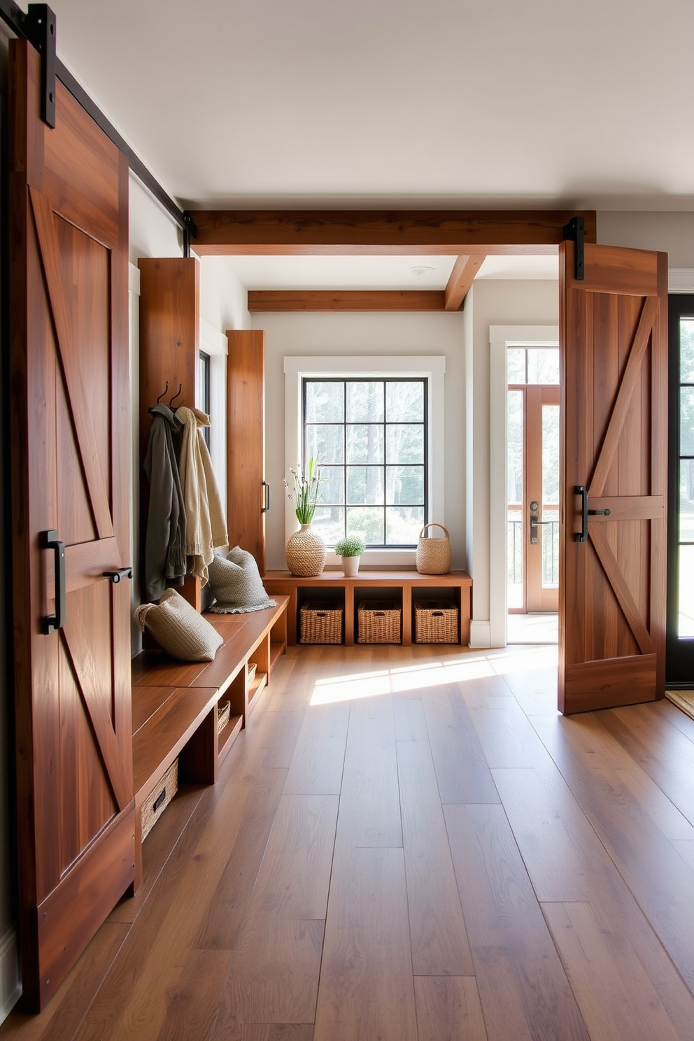 A modern farmhouse style mudroom features rustic barn doors that slide open to reveal a spacious area. Inside, there are built-in wooden benches with storage underneath, and hooks line the walls for coats and bags. The flooring is made of wide plank wood, adding warmth to the space. Large windows allow natural light to flood in, illuminating the neutral color palette and decorative accents like potted plants and woven baskets.