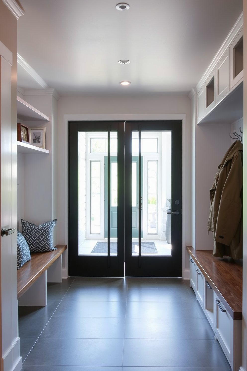 A modern mudroom features sliding doors that open to a spacious entryway. The design incorporates built-in storage benches and hooks for coats, with a sleek tile floor for easy maintenance.