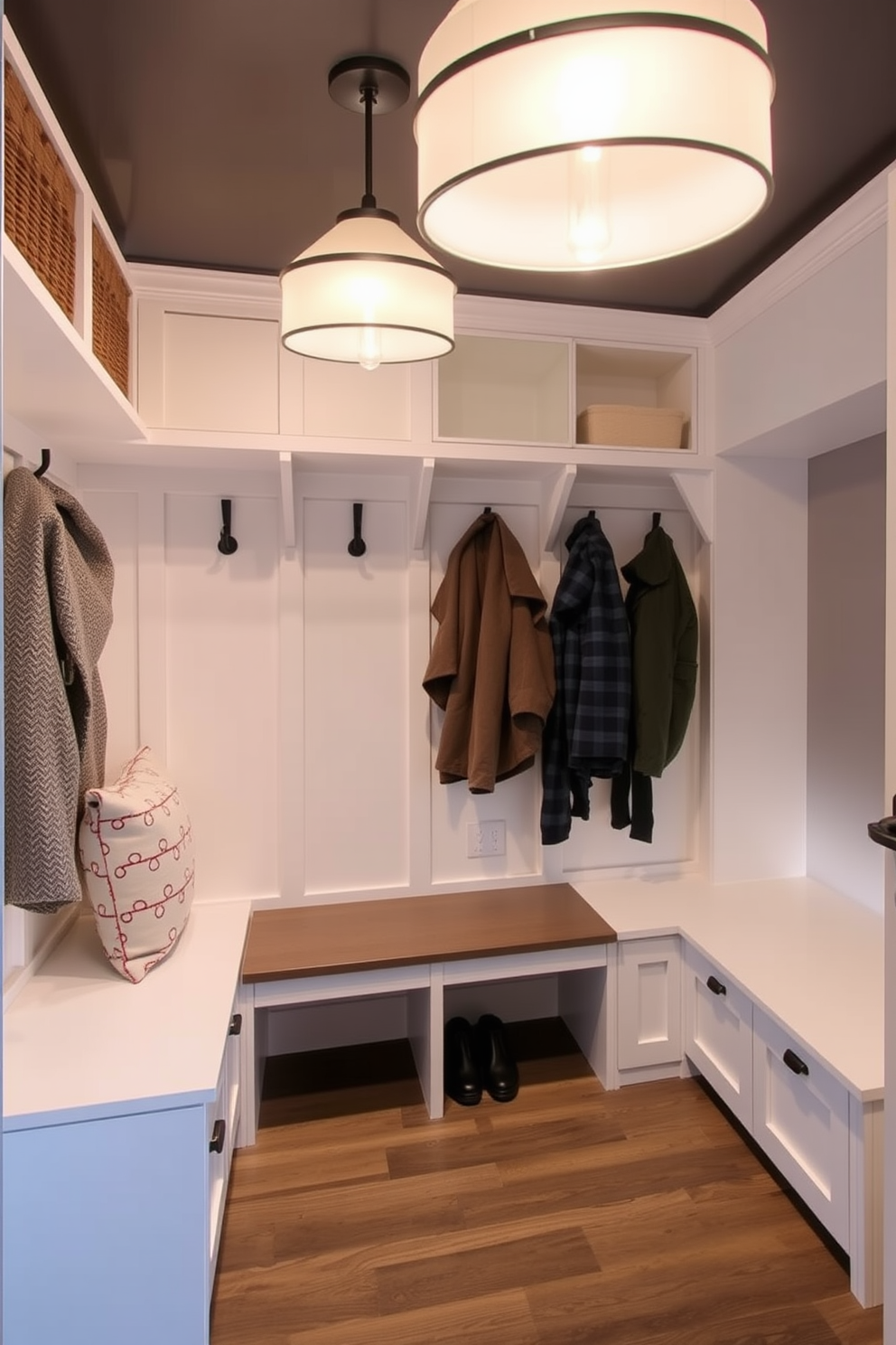 Accent lighting to highlight features in a modern mudroom. The space includes built-in storage benches with cushions and hooks for coats, illuminated by stylish pendant lights.
