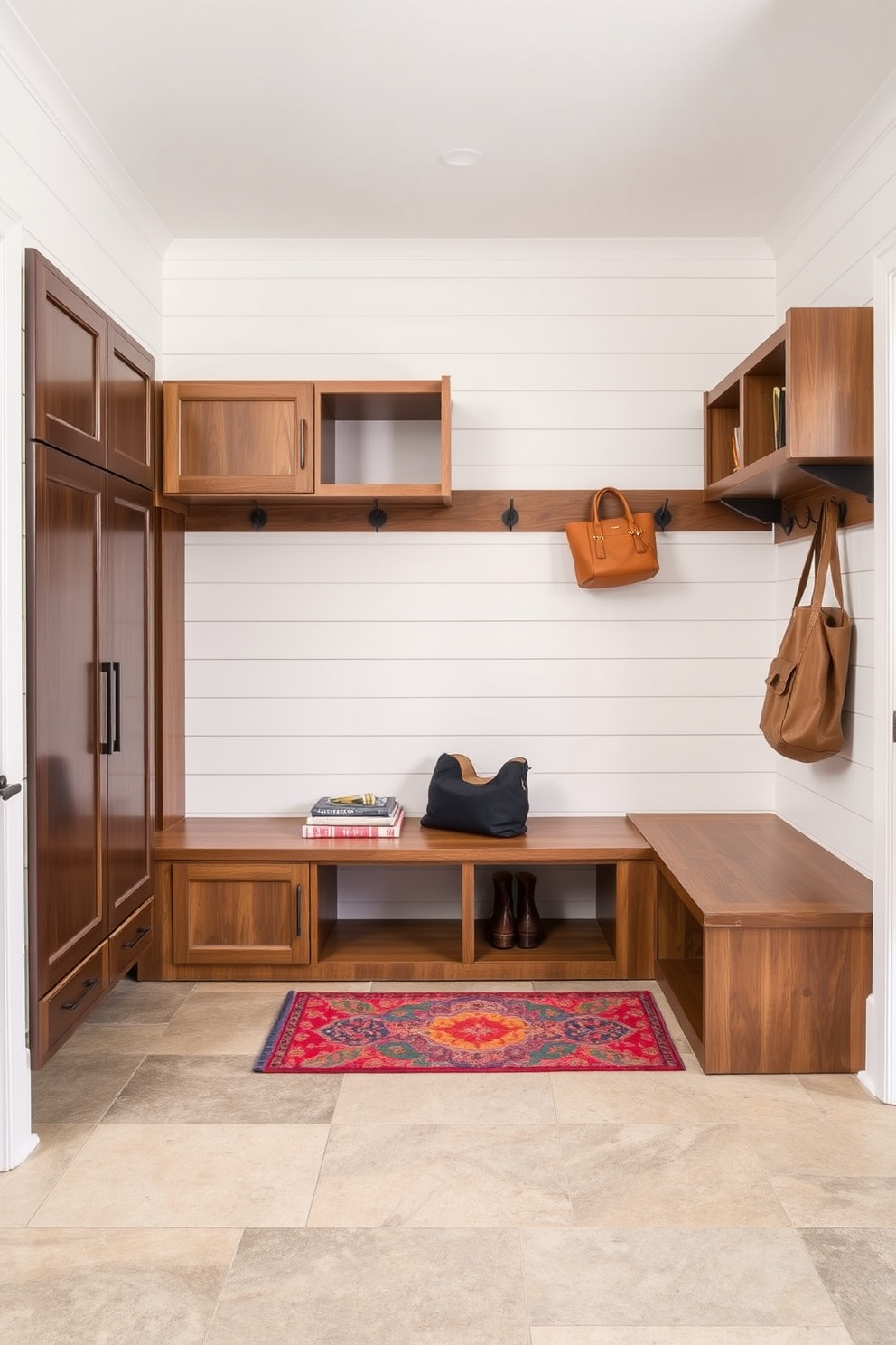 A modern mudroom features a combination of sleek cabinetry and rustic wooden benches. The walls are adorned with shiplap, while the floor showcases large-format ceramic tiles that resemble natural stone. Functional storage solutions include built-in cubbies and hooks for coats and bags. A vibrant area rug adds a pop of color and warmth to the space.