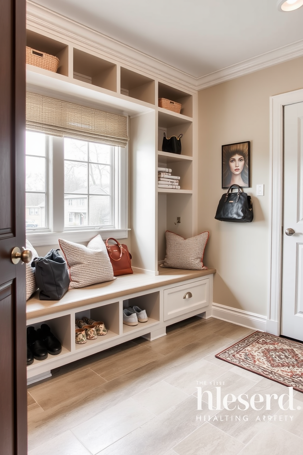 Contemporary tile flooring in neutral tones creates a sleek and inviting atmosphere. The mudroom features built-in storage benches with plush cushions and open shelving for easy access to shoes and bags.