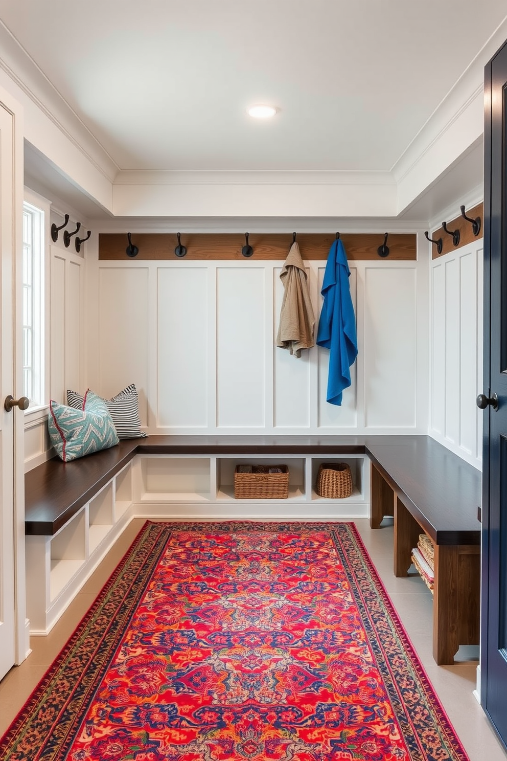 A colorful area rug adds warmth and vibrancy to the space. It features intricate patterns with shades of red, blue, and yellow, creating a welcoming atmosphere. Modern mudroom design ideas emphasize functionality and style. The space includes built-in storage benches, hooks for coats, and a sleek tile floor for easy cleaning.