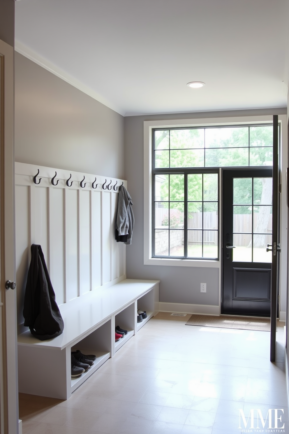 A modern mudroom features a spacious layout with a glass door that allows ample natural light to flood the space. The walls are painted in a soft gray, and built-in storage benches with hooks provide a functional yet stylish solution for organizing outerwear and footwear.