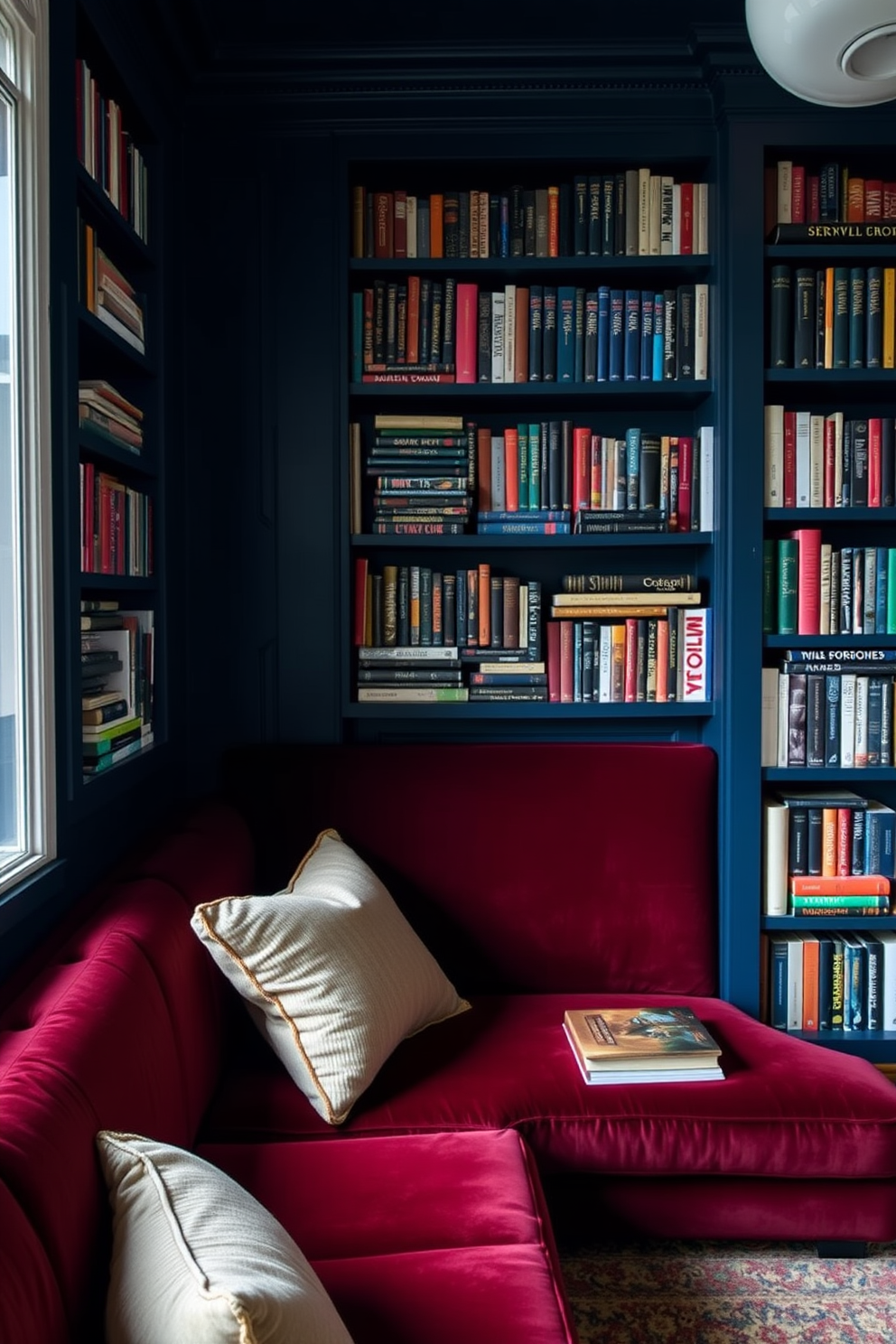 A moody home library featuring books organized by color creates a visually appealing atmosphere. The walls are painted in a deep navy blue, and plush velvet seating in rich burgundy provides a cozy reading nook.