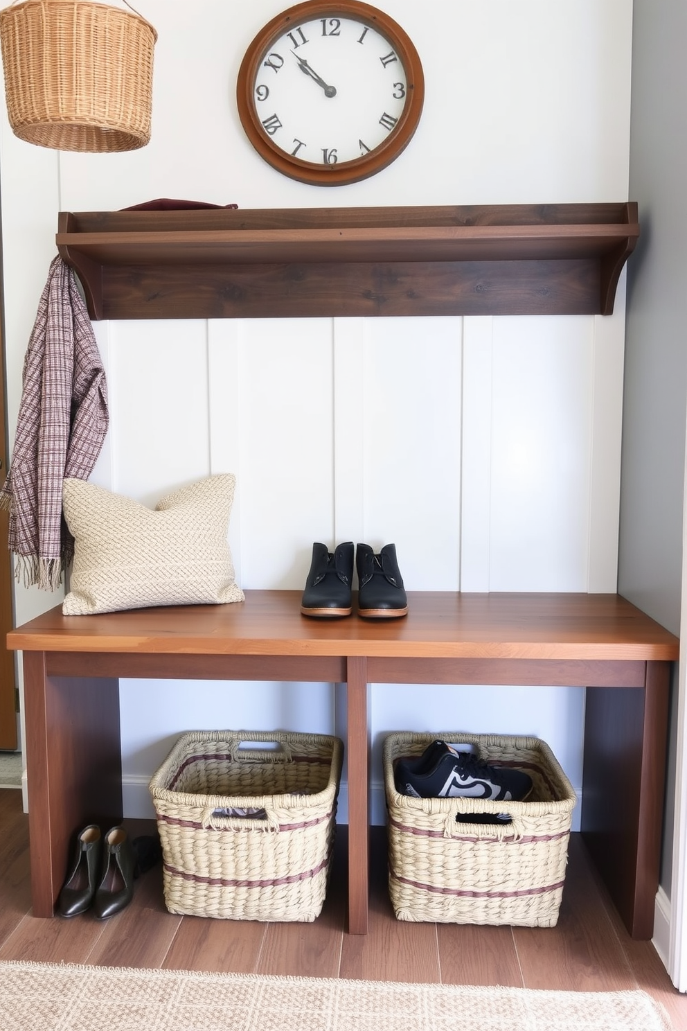 A modern farmhouse mudroom features a spacious bench with a rustic wooden top and white shiplap sides. Underneath the bench, woven storage baskets in natural tones provide organization for shoes and outdoor gear.