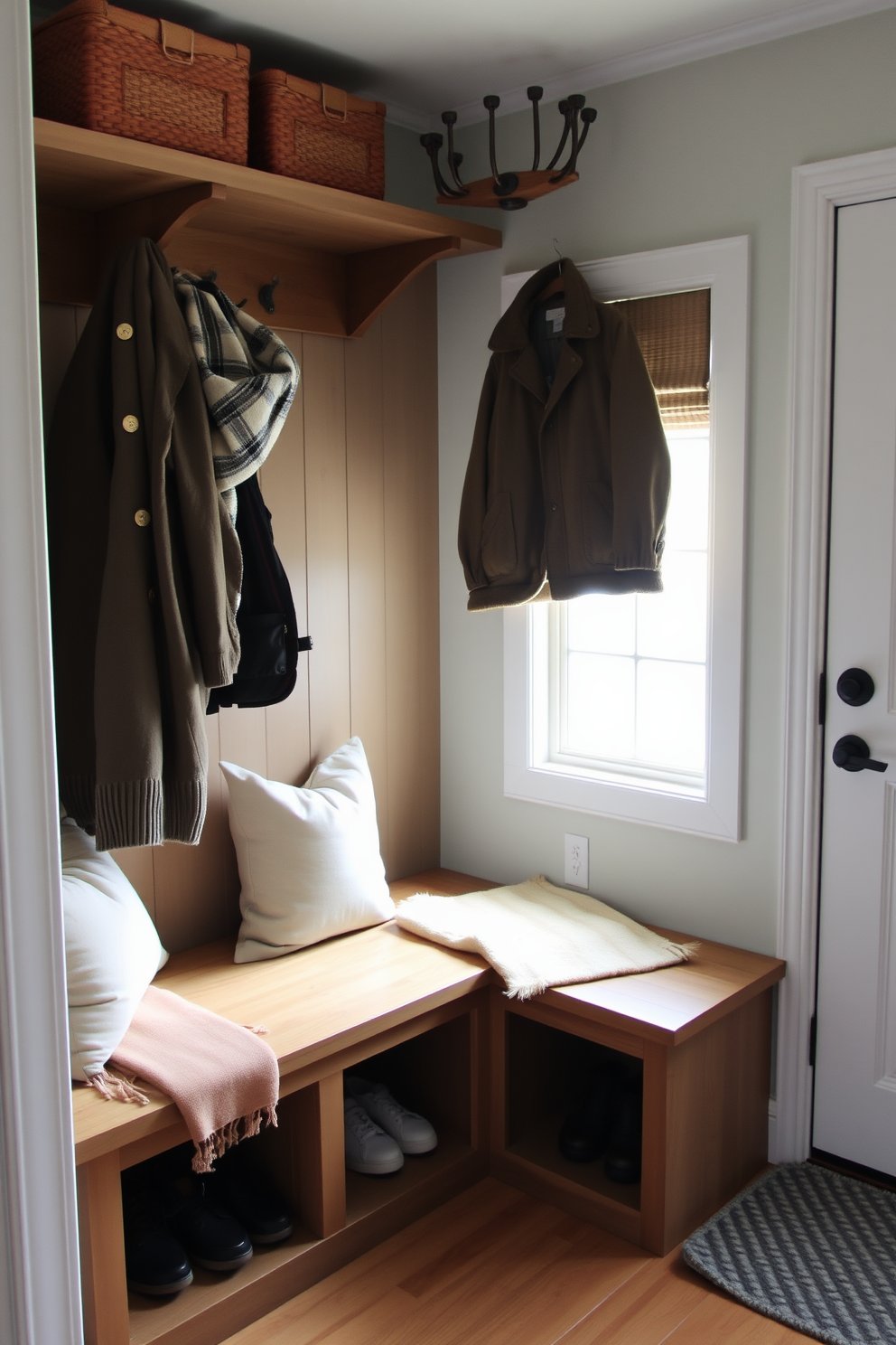 A cozy nook with a built-in bench features soft cushions and a plush throw blanket. Natural light floods the space through a nearby window, highlighting the warm wood tones of the bench. The mudroom bench design includes ample storage underneath for shoes and outdoor gear. A rustic coat rack hangs above, providing a practical yet stylish solution for organizing outerwear.