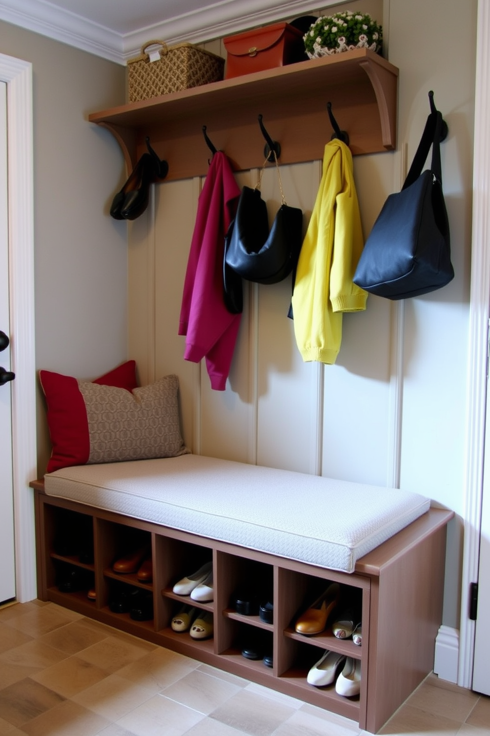 A welcoming mudroom features a built-in bench with ample shoe cubbies underneath for organized storage. The bench is upholstered in a soft fabric, and the walls are adorned with hooks for coats and bags, creating a functional yet stylish entryway.
