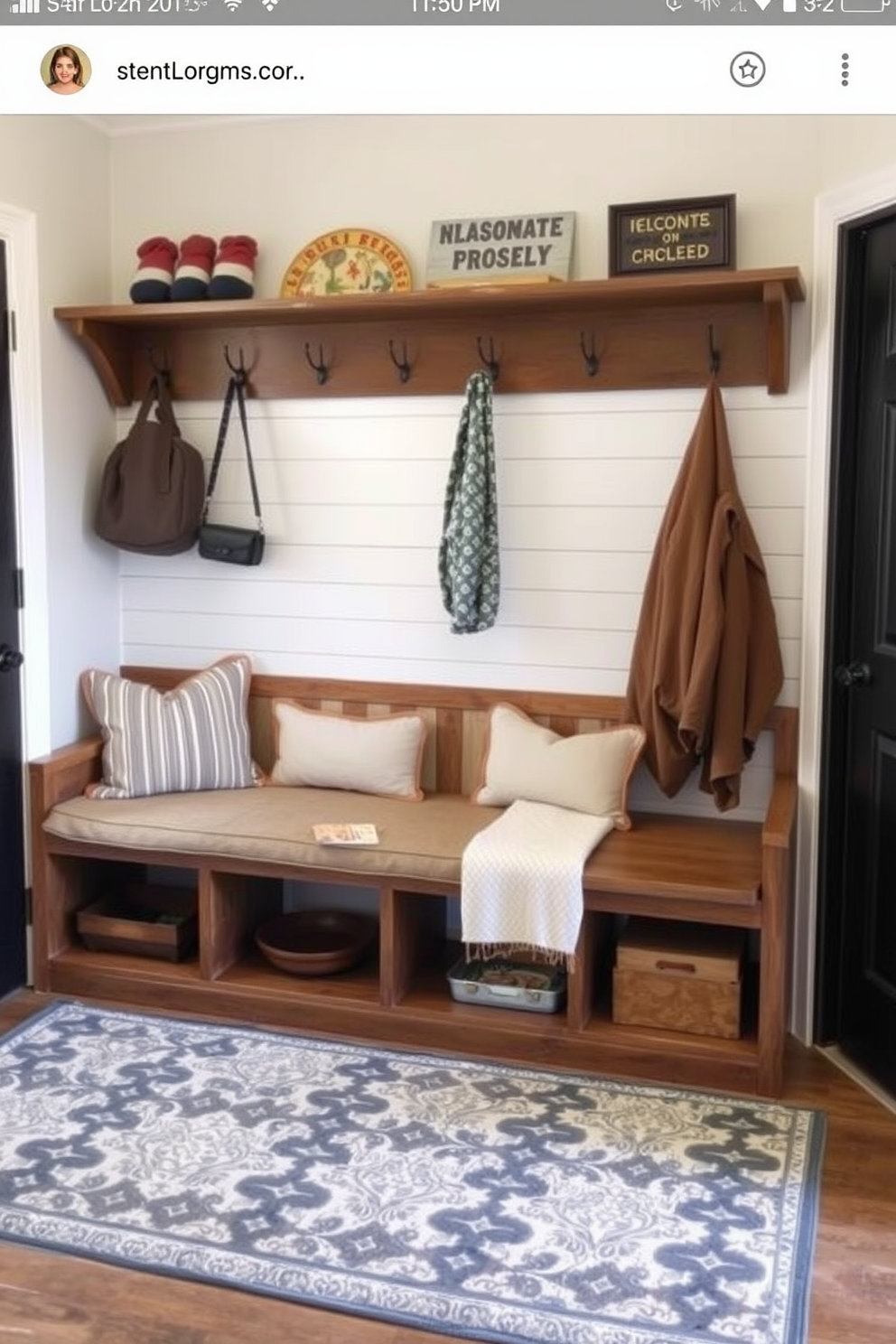 A family-sized bench with ample seating is designed to provide comfort and functionality in a mudroom setting. The bench features a sturdy wooden frame with soft cushions and hooks above for hanging coats and bags. The mudroom is adorned with a light-colored shiplap wall, creating a welcoming atmosphere. A patterned rug lies beneath the bench, adding warmth and style to the space.