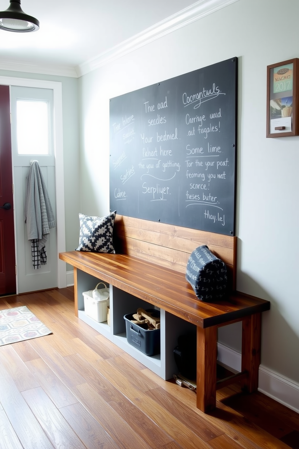 A stylish mudroom features a rustic wooden bench with ample seating space. Behind the bench, a large chalkboard wall provides a functional and creative backdrop for notes and messages.