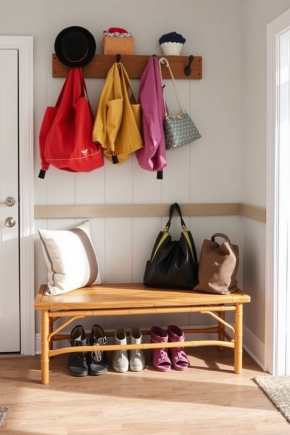 A bamboo bench is placed against the wall in a bright mudroom, providing a sustainable and stylish seating option. The bench features a natural finish that complements the earthy tones of the space, while hooks above hold colorful jackets and bags.