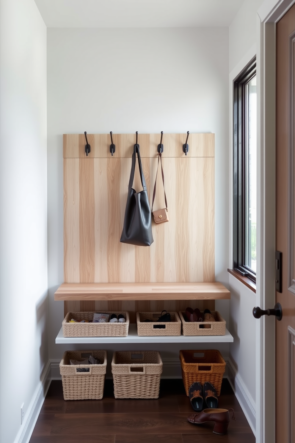 A sleek floating bench is mounted against a wall in a contemporary mudroom, showcasing clean lines and a minimalist aesthetic. The bench is complemented by a backdrop of textured wood paneling and stylish hooks for hanging coats and bags. Beneath the bench, a series of decorative baskets provide organized storage for shoes and accessories, maintaining a clutter-free environment. Natural light floods the space through a nearby window, enhancing the inviting atmosphere of this functional entryway.