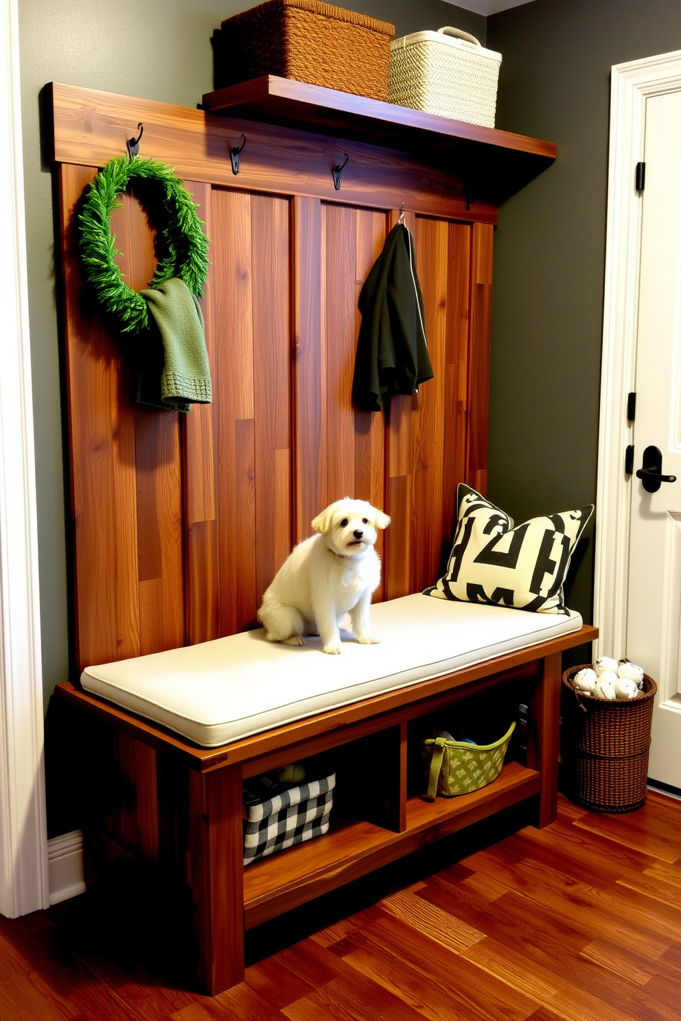 A stylish mudroom featuring a bench with integrated pet storage. The bench is crafted from reclaimed wood and includes a cushioned seat, with a spacious compartment underneath for storing pet essentials.