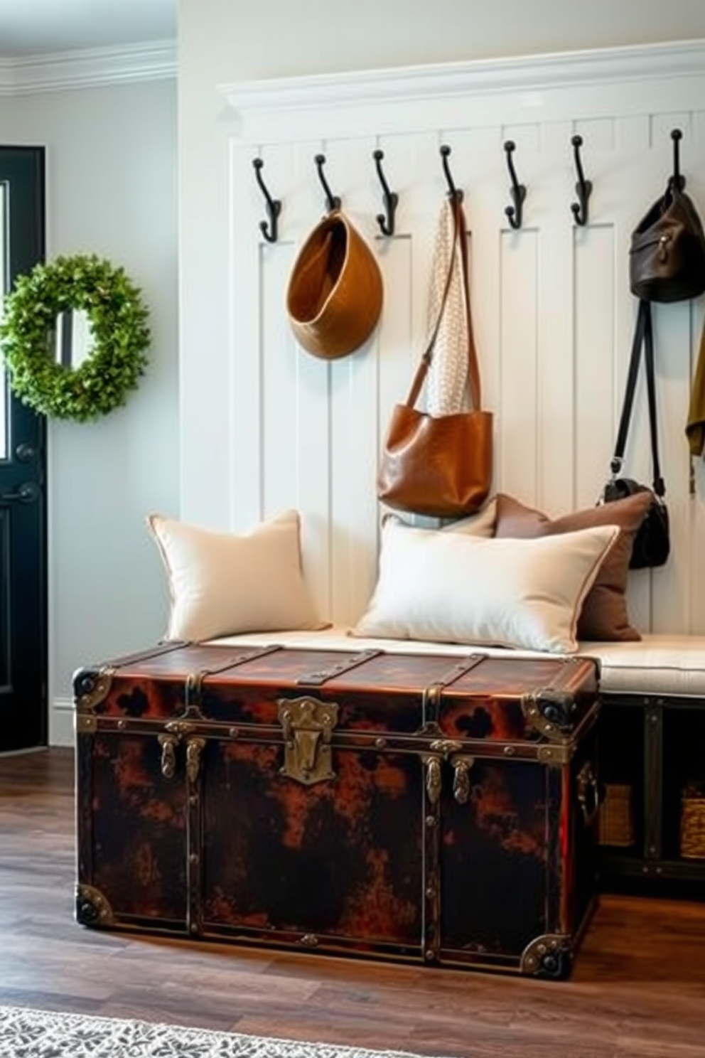 A vintage trunk serves as a charming seating option in the entryway. It is adorned with intricate metal hardware and distressed leather, providing both style and functionality. The mudroom features a built-in bench with soft cushions and storage underneath. The walls are lined with hooks for coats and bags, creating an organized and inviting space.